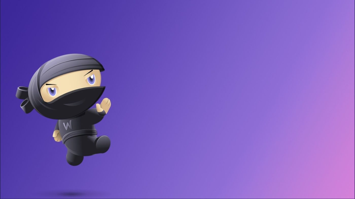 Mascote ninja Markpato em fundo roxo e rosa