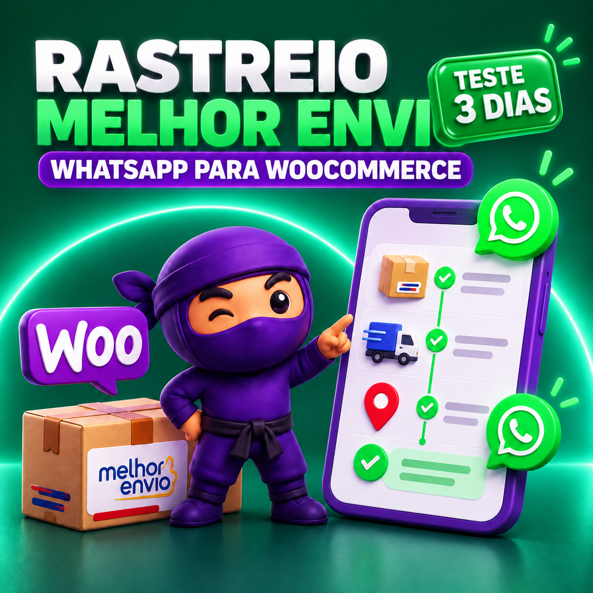 Plugin de rastreio Melhor Envio por WhatsApp para WooCommerce – teste grátis de 3 dias